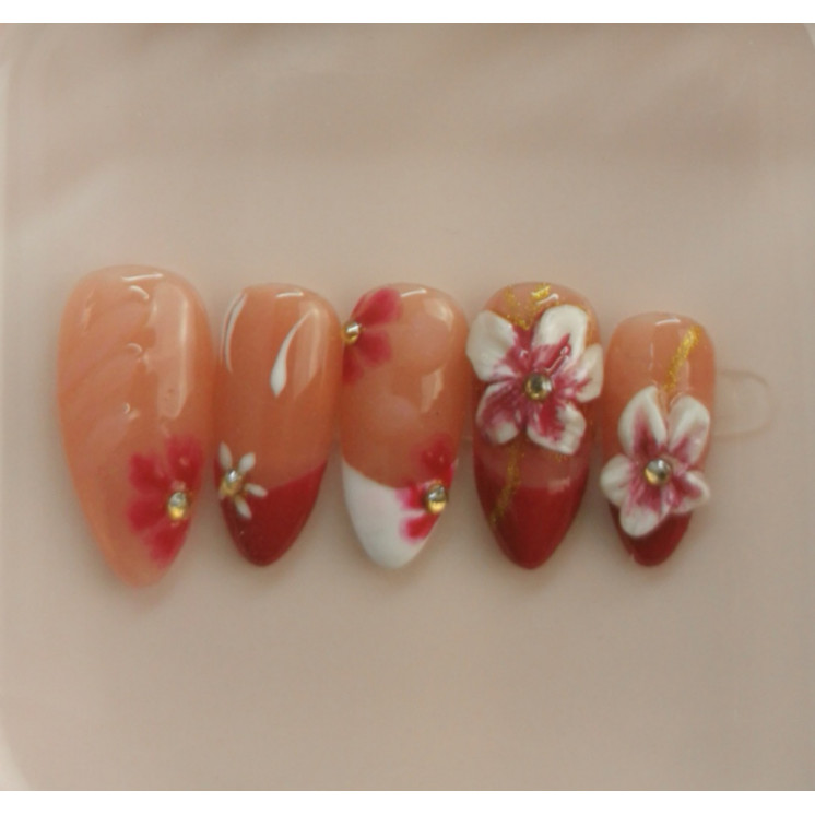 Press-on nails fleurs 3D – Nude orangé & rouge – MyWorldByEnz