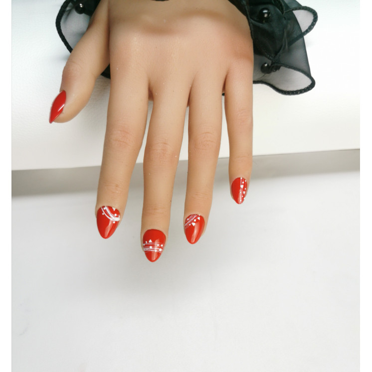Press-on nails rouges graphiques – Lignes & points blancs – MyWorldByEnz