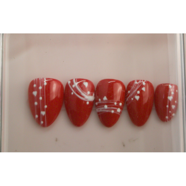 Press-on nails rouges graphiques – Lignes & points blancs – MyWorldByEnz