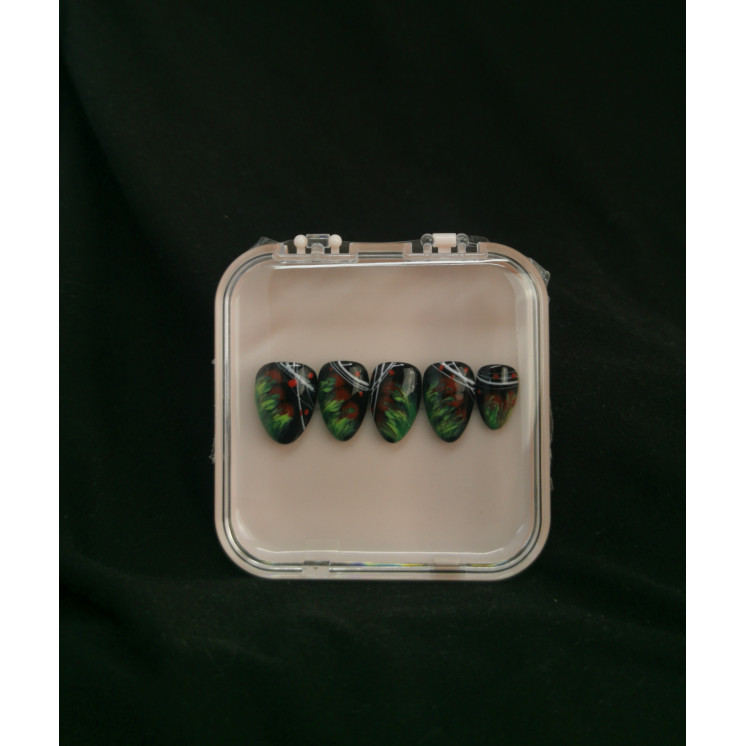 Press-on nails fleurs abstraites noir & rouge – Art floral sombre – MyWorldByEnz