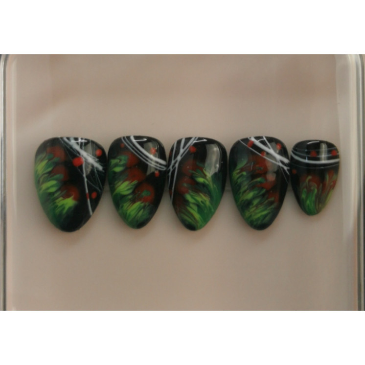 Press-on nails fleurs abstraites noir & rouge – Art floral sombre – MyWorldByEnz