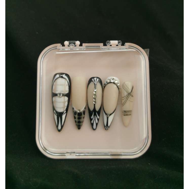 Press-on nails noir blanc & nude – Chic & strass – MyWorldByEnz