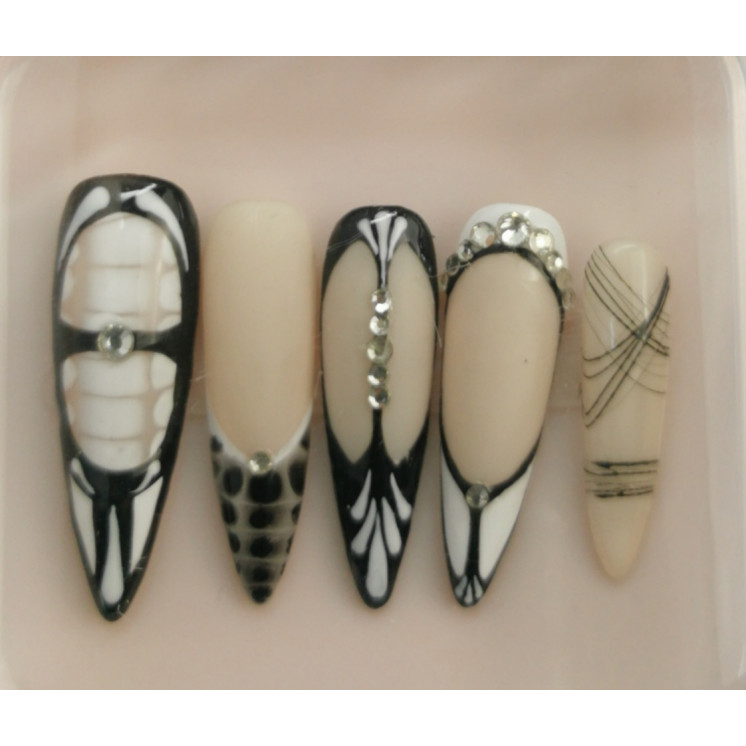 Press-on nails noir blanc & nude – Chic & strass – MyWorldByEnz