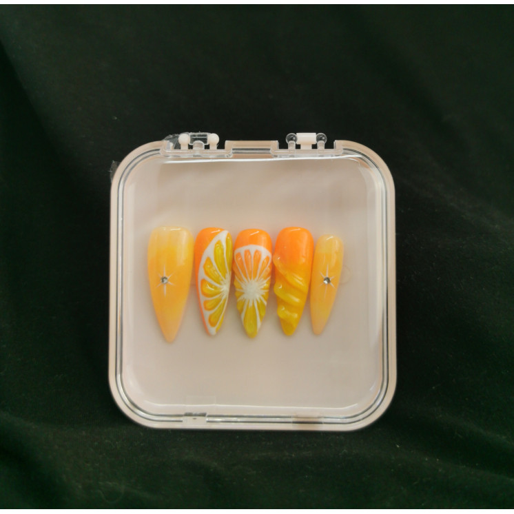 Press-on nails agrumes orange & jaune – Éclat d’été – MyWorldByEnz