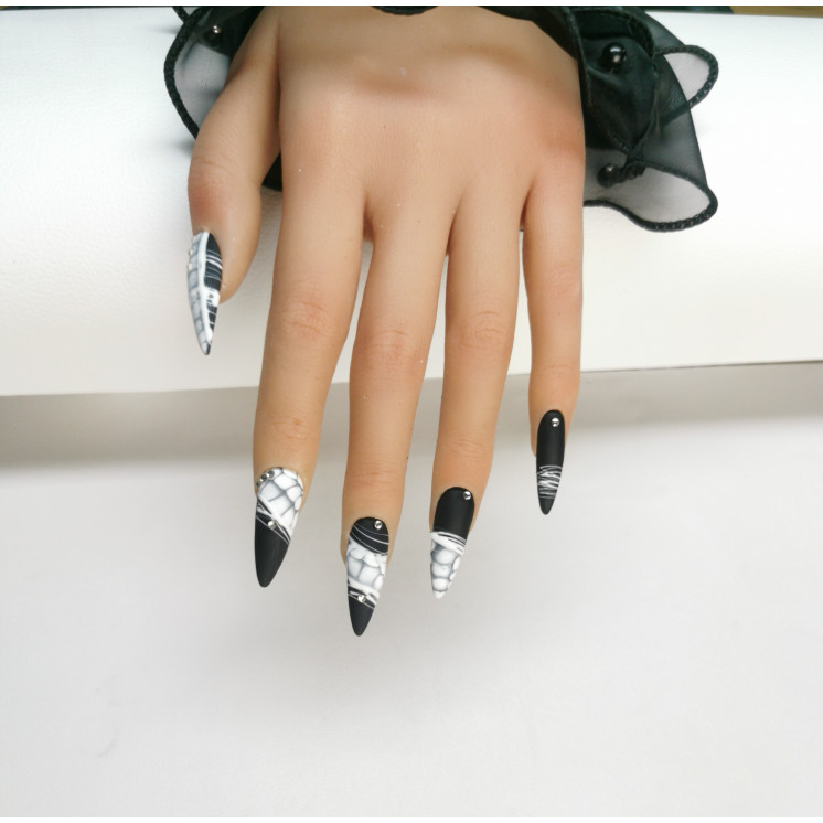 Press-on nails noir & blanc marbré – Strass – MyWorldByEnz