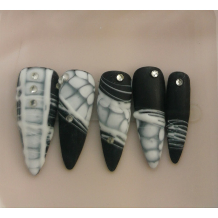 Press-on nails noir & blanc marbré – Strass – MyWorldByEnz