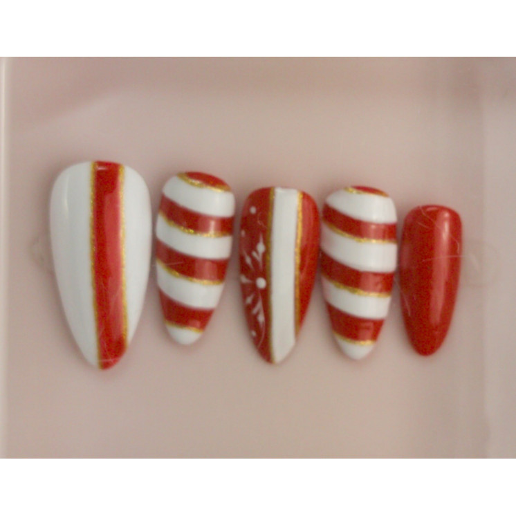Press-on nails rouge blanc & or – Candy Cane & flocon – MyWorldByEnz
