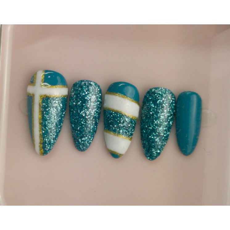 Press-on nails turquoise glitter & or – Faits main – MyWorldByEnz