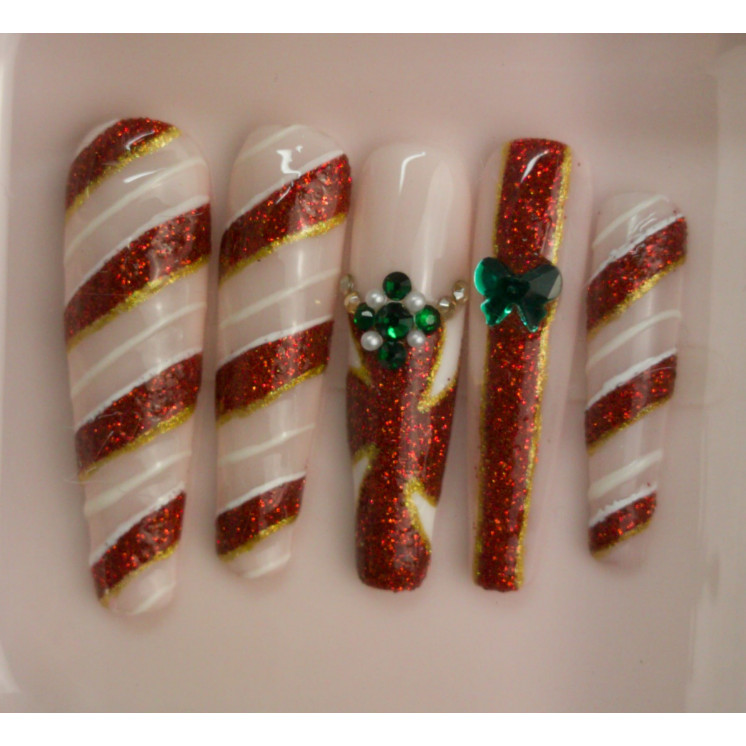 Press-on nails Candy Cane rouge & or – Strass verts – Faits main – MyWorldByEnz
