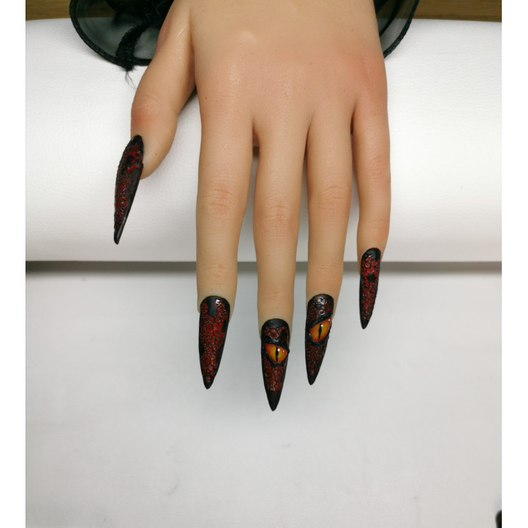 Press-On Nails Dragon Caraxes | Ongles Écaille Rouge Fantasy