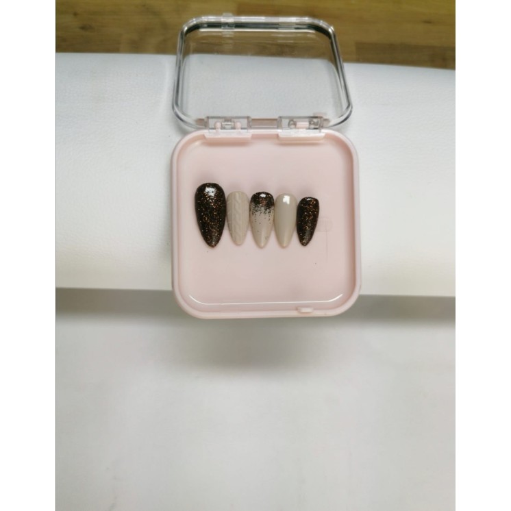 Press-on nails nude & marron glitter – Effet tricot – MyWorldByEnz