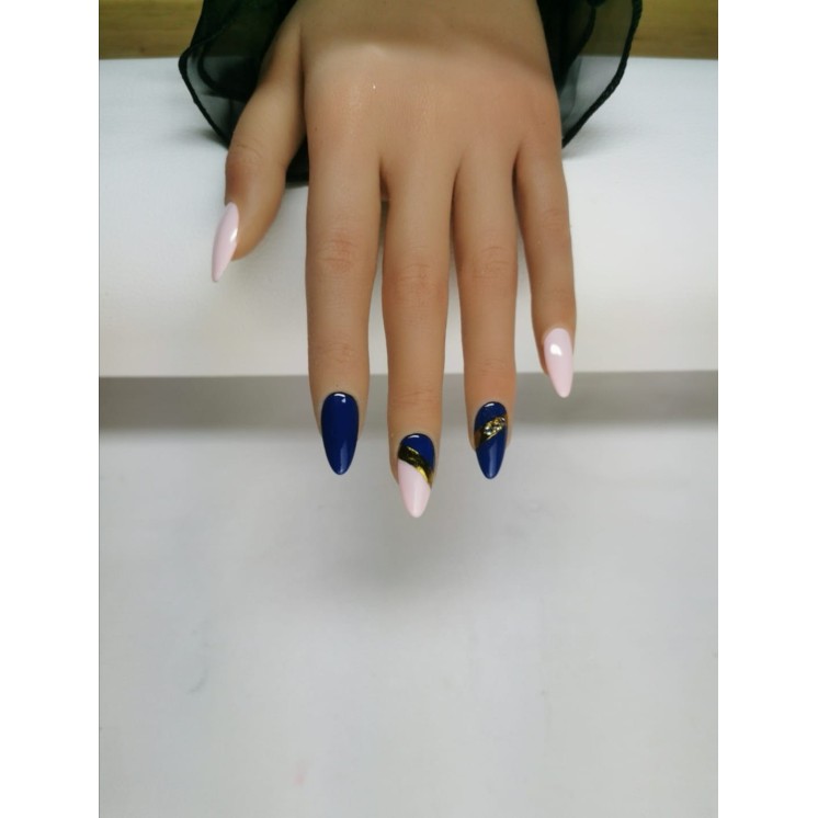 Press-on nails bleu nuit & rose pâle – Liseré doré chic – MyWorldByEnz